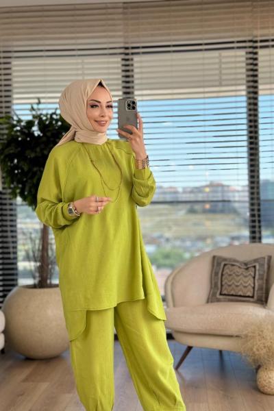 14228 Kırışık Keten Kumaşlı Takım Yeşil