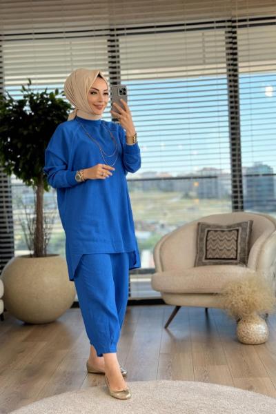 14228 Kırışık Keten Kumaşlı Takım Saks