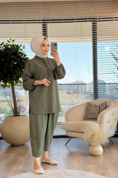 14230 Patı Boncuk İşli Takım Haki