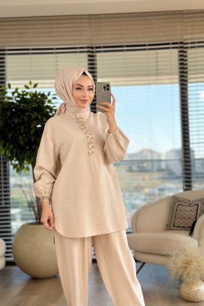 14230 Patı Boncuk İşli Takım Bej