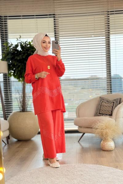 14234 Etek Ucu Pul Şeritli Takım Mercan