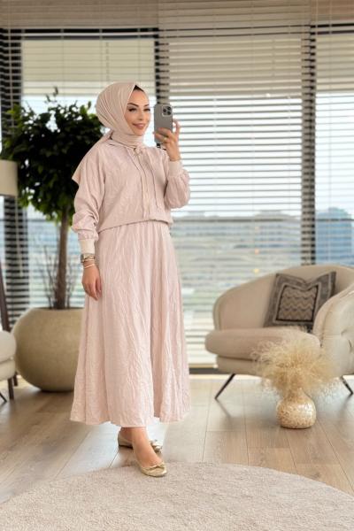 14235 Önü Fermuarlı Kapşonlu Etekli Takım Bej