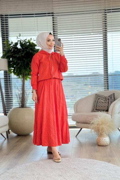 14235 Önü Fermuarlı Kapşonlu Etekli Takım Mercan