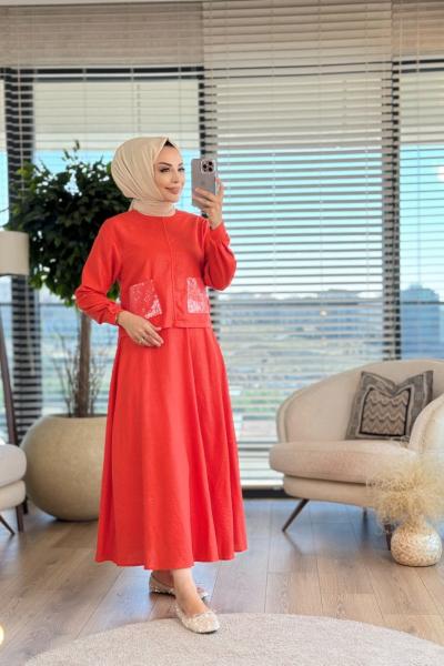 14238 Ön Cebi Pullu Etekli Takım Mercan