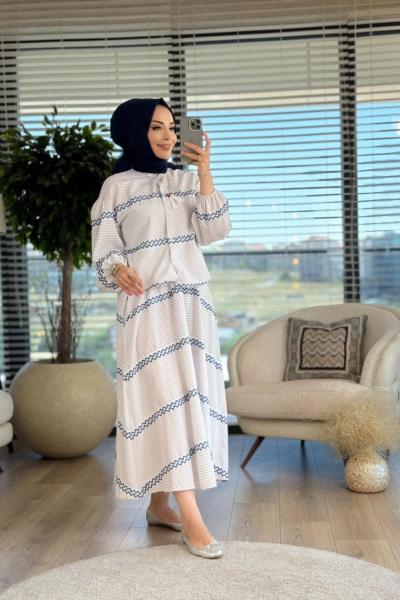 14244 Zikzak Desen Etekli Kapşonlu Takım Bej