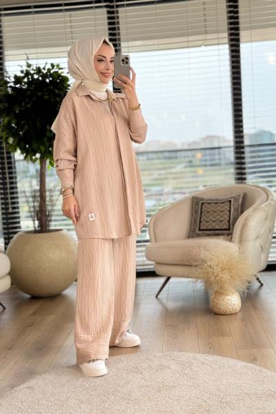 14245 Boyuna İnce Çizgili Takım Bej