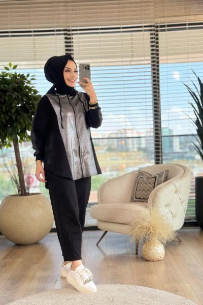 14253 Ön Ve Kol Çizgi Parçalı Kapş.Takım Siyah