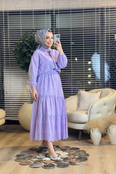 1427 Brode Taşlı Etekli Takım Lila