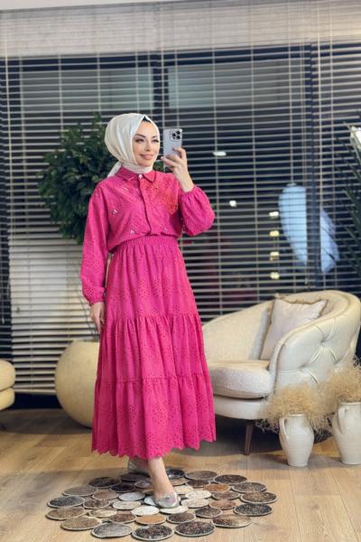 1427 Brode Taşlı Etekli Takım Fuşya