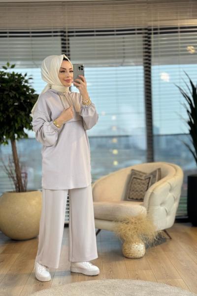 14281 Üst Serpme Taş Detaylı Takım Gri