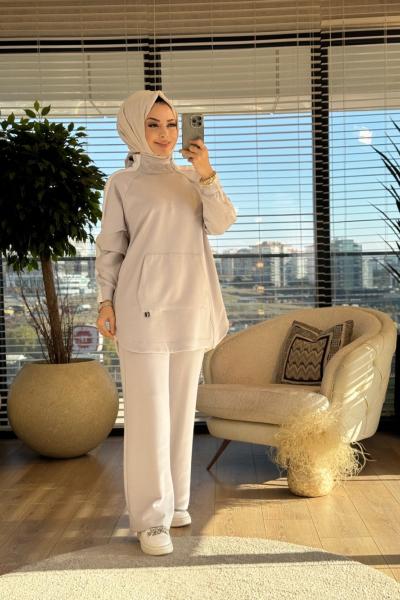 14284 Omuz Ve Kolları Şeritli Yandan Fermuarlı Takım Gri