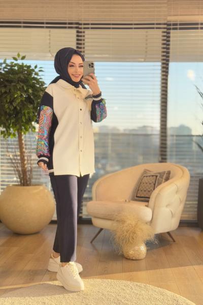 14287 Kol Ve Omuz Kabartma Desenli Takım Lacivert Ekru