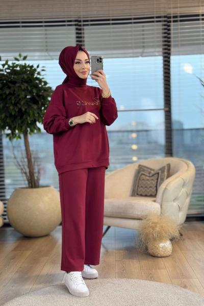 14289 Ön Boncuk Yazı Yazılı Takım Bordo