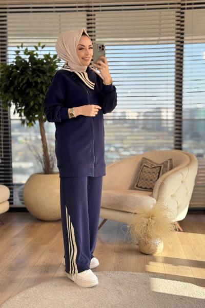 14292 Yaka Ve Paça Çizgi Ribanalı Takım Lacivert