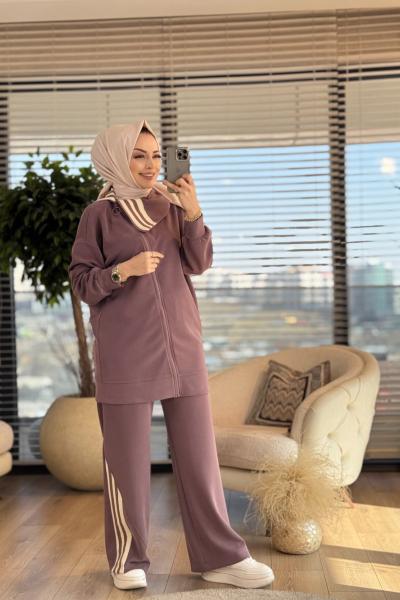 14292 Yaka Ve Paça Çizgi Ribanalı Takım Gül