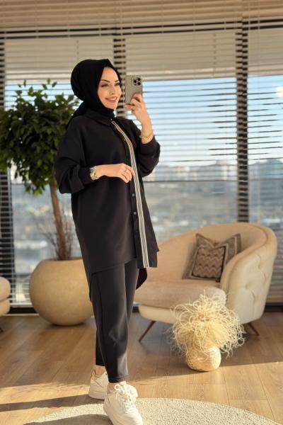 14297 Patı Şerit Ve Düğmeli Takım Siyah