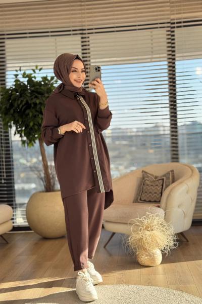 14297 Patı Şerit Ve Düğmeli Takım Kahve