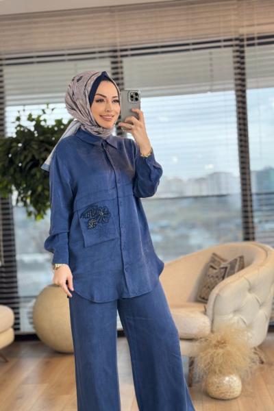 14301 Cep Üstü Boncuk İşli Takım İndigo