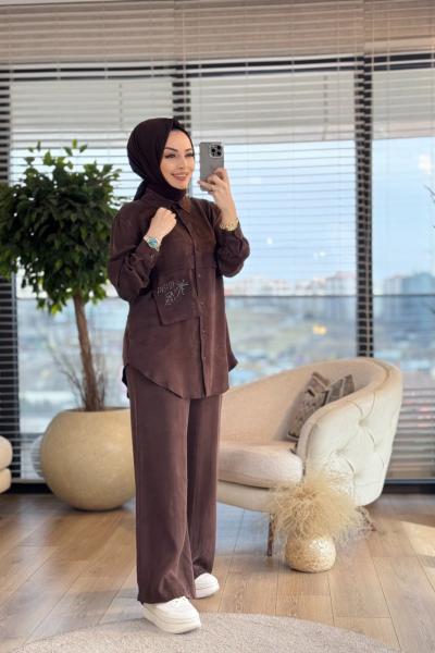 14301 Cep Üstü Boncuk İşli Takım Kahve