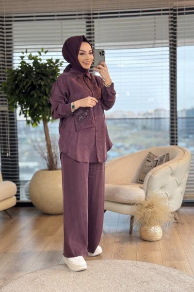 14301 Cep Üstü Boncuk İşli Takım Mürdüm