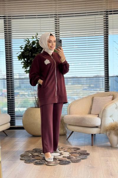 14305 Çiçek Broşlu Fermuarlı Takım Bordo