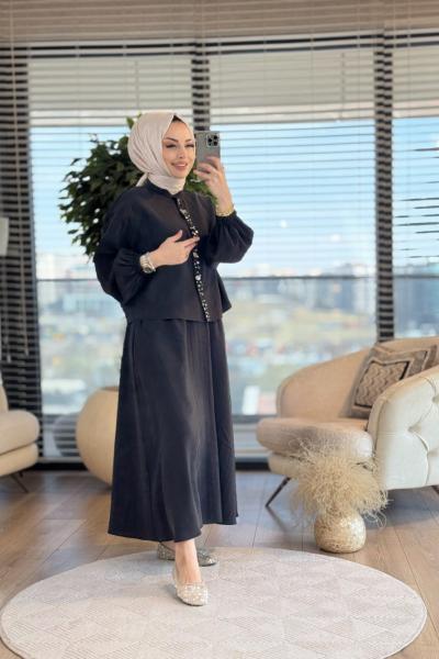 14308 Patı Düğme İşlemeli Takım Siyah