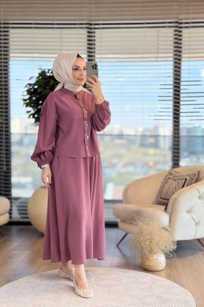 14308 Patı Düğme İşlemeli Takım Gül