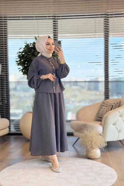 14308 Patı Düğme İşlemeli Takım Antrasit