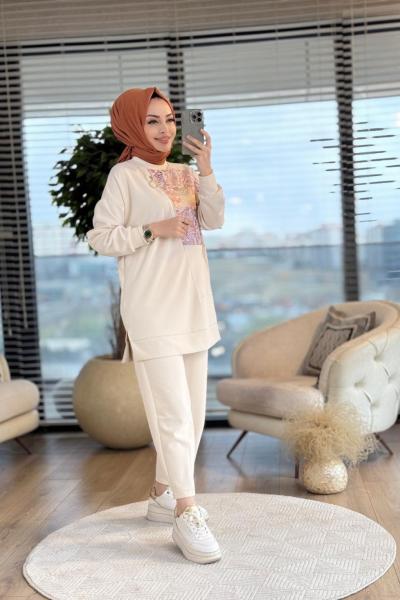 14312 Fermuar Ve Desen Parçalı Takım Bej