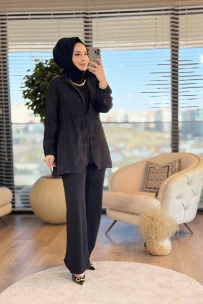 14316 Üst Kırışık Kumaş Ceket 3lü Takım Siyah