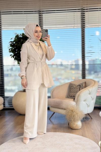 14316 Üst Kırışık Kumaş Ceket 3lü Takım Bej