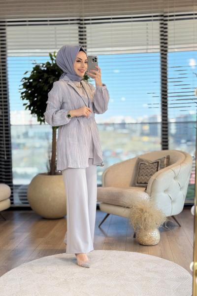 14316 Üst Kırışık Kumaş Ceket 3lü Takım Gri