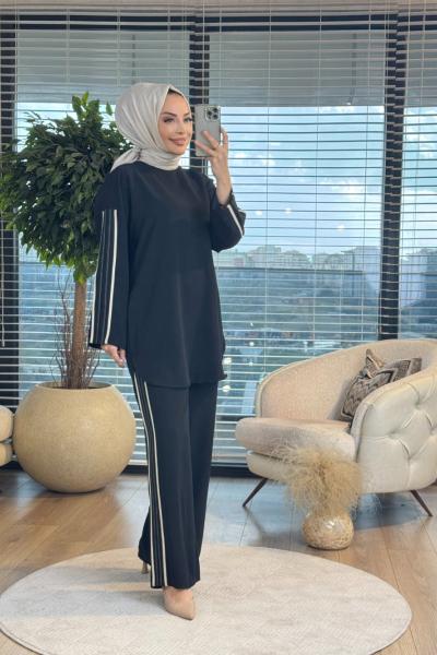 14318 Kol Ve Pantolon Yanı Şeritli Takım Siyah
