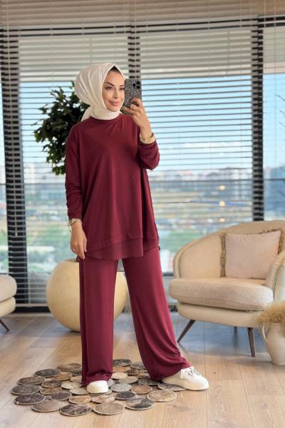 14352 Etek Ucu Şifonlu Takım Bordo