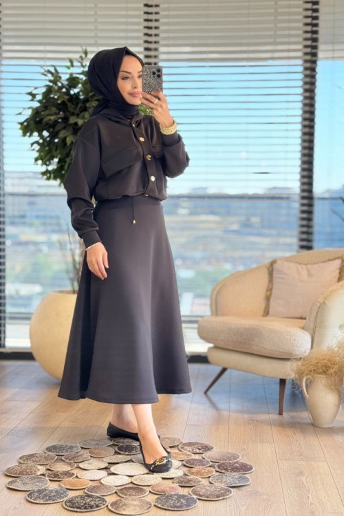 14377 Gold Çıtçıtlı Etekli Takım Siyah