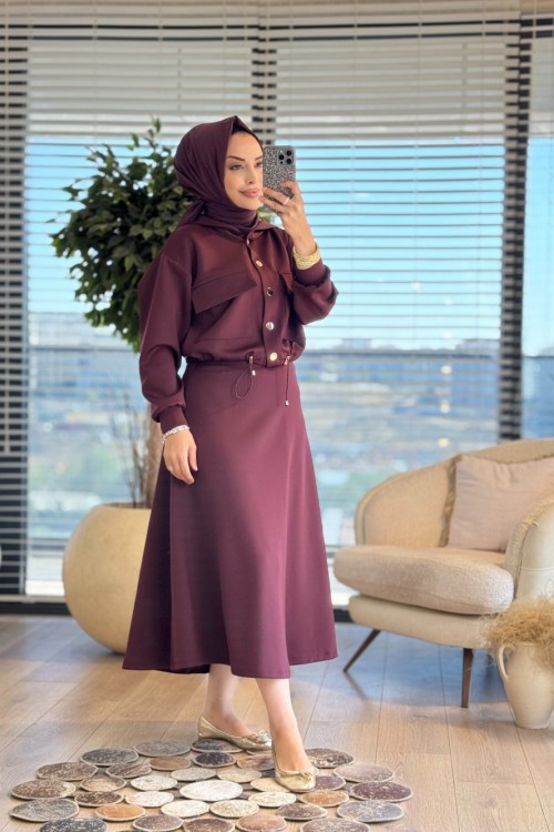 14377 Gold Çıtçıtlı Etekli Takım Bordo