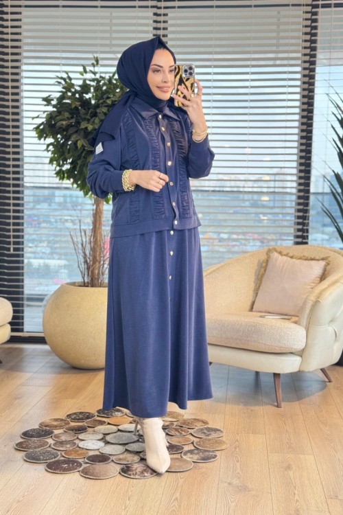1438 Ön Büzgülü Etekli Takım İndigo