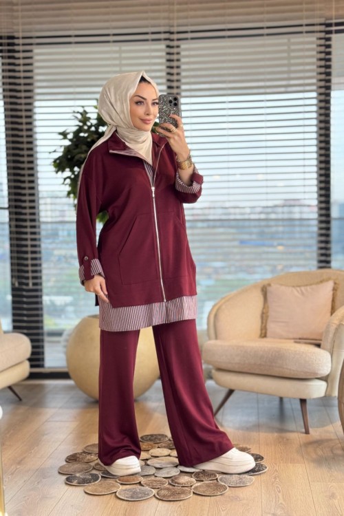 14383 Etek Ucu Ve Manşeti Çizgili Takım Bordo