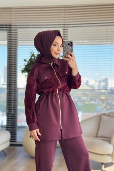 14400 Kol Ön Ve Pantolon Yanı Kadifeli Takım Bordo