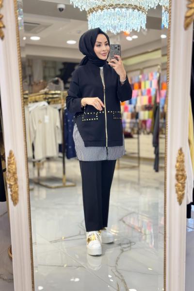 14410 Etek Ucu Çizgi Parçalı Takım Siyah