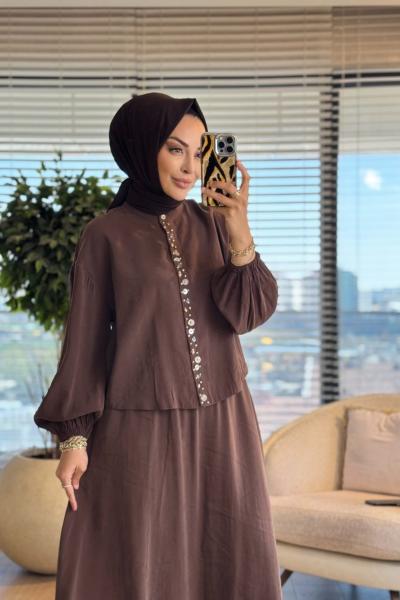 14434 Patı Bocuk Ve Düğme İşli Takım Kahve