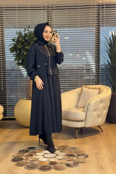 14436 Önü Cep Ve Fermuarlı Etekli Takım Siyah