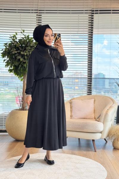 14440 Ön İki Cepli Fermuarlı Etekli Takım Siyah