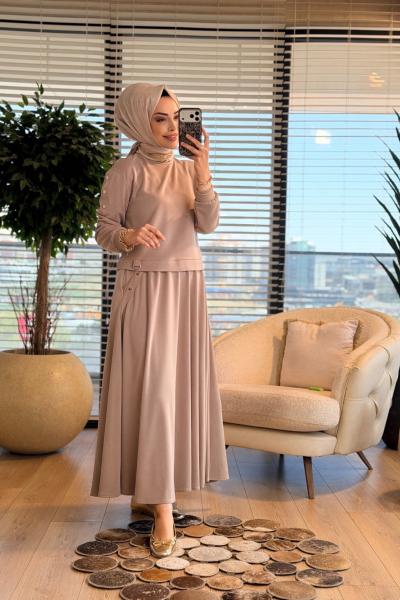 14455 Kol Cep Zımba Detay Etekli Takım Bej
