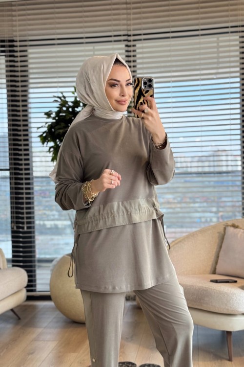 14456 Önü Saten Şerit Detaylı Takım Haki