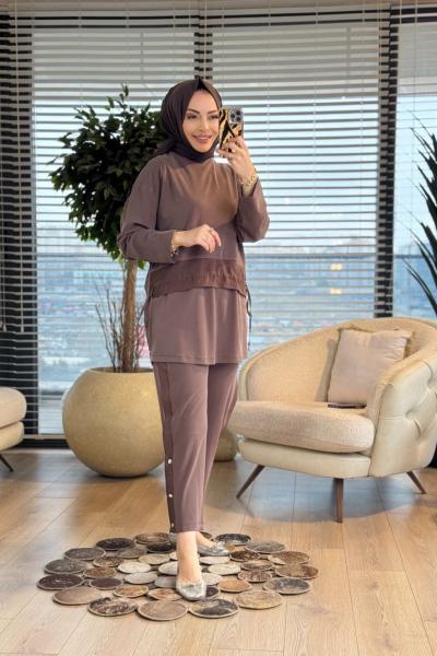 14456 Önü Saten Şerit Detaylı Takım Kahve