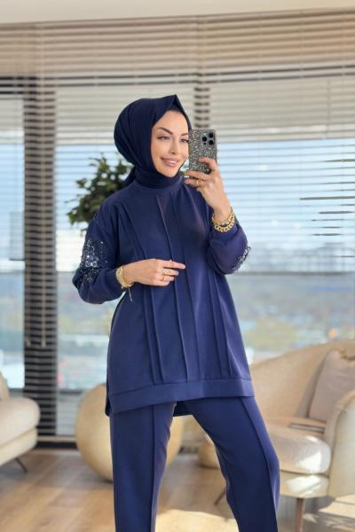 1447 Kolları Pul Payet İşlemeli Takım Lacivert