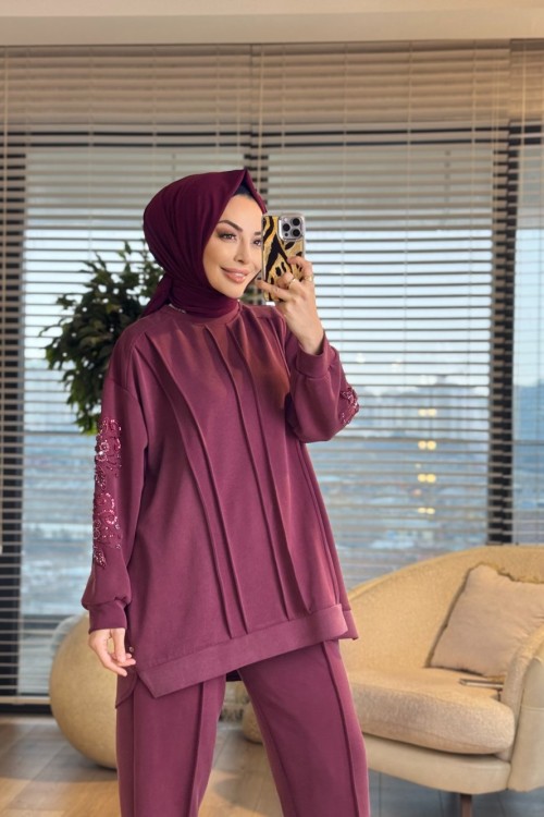 1447 Kolları Pul Payet İşlemeli Takım Mürdüm