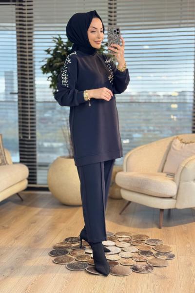 1448 Sol Omuz Ve Sağ Ön Taş İşli Takım Siyah