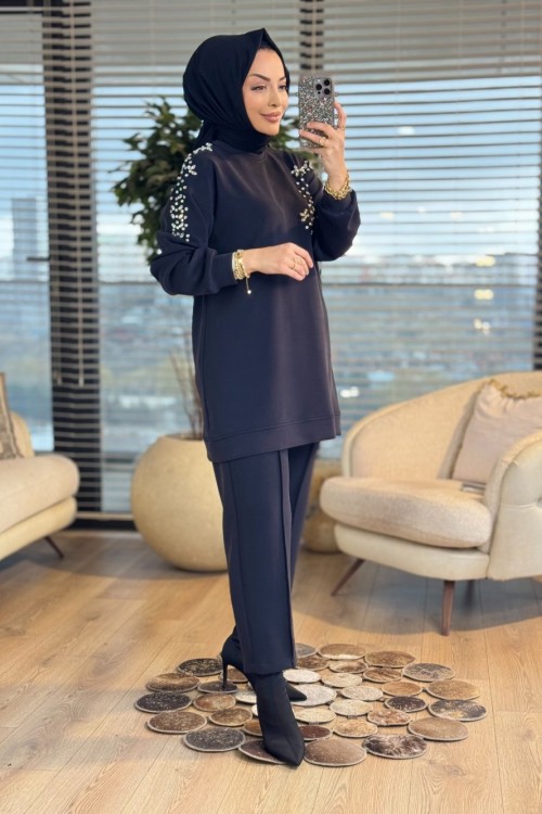 1448 Sol Omuz Ve Sağ Ön Taş İşli Takım Siyah